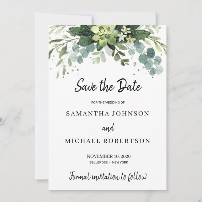 Modern succulent leaves floral save the date invitation (Front)