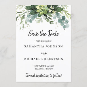Modern succulent leaves floral save the date invitation