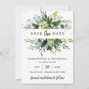 Modern succulent leaves wedding save the date card