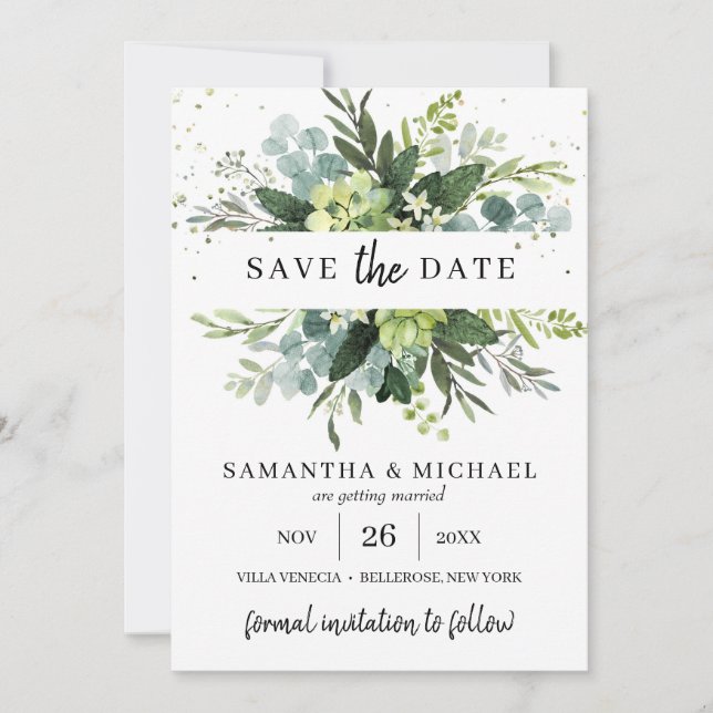 Modern succulent leaves wedding save the date card (Front)