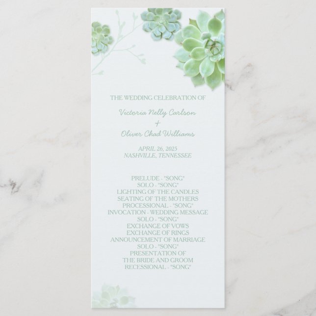 Modern Succulents Cactus Wedding Programme (Front)