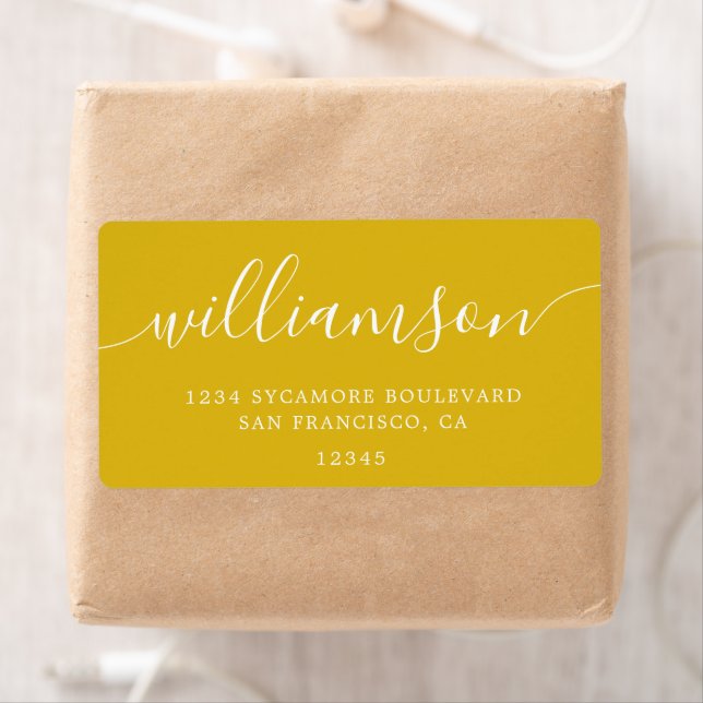 Modern Sulphur Yellow Script Family Return Address (Insitu)