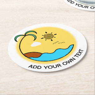 Modern Summer Beach Emblem Art Custom Text Round Paper Coaster