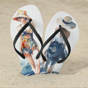 Modern Summer Beach Fashion Watercolor Name Flip Flops