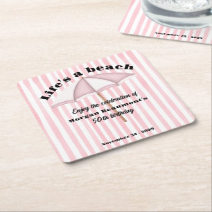 Modern Summer Beach Party Stripes 50th Birthday Square Paper Coaster