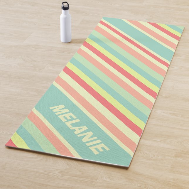 Modern Summer Colorful Diagonal Stripes Name Yoga Mat (In Situ)