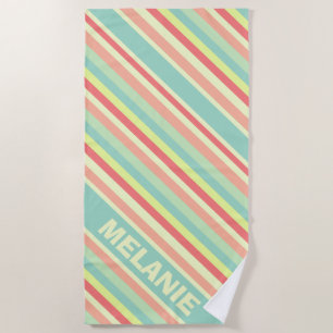 Modern Summer Colourful Diagonal Stripes Name Beach Towel