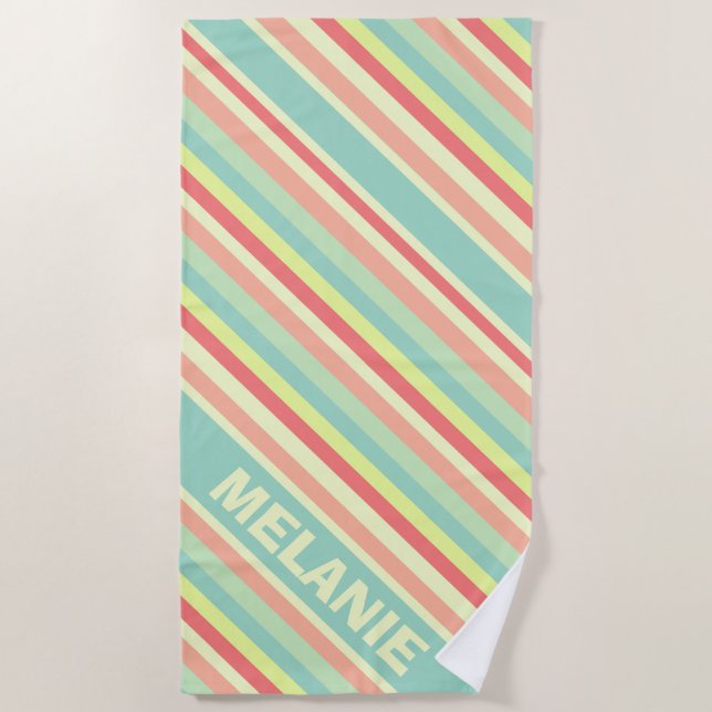 Modern Summer Colourful Diagonal Stripes Name Beach Towel (Front)