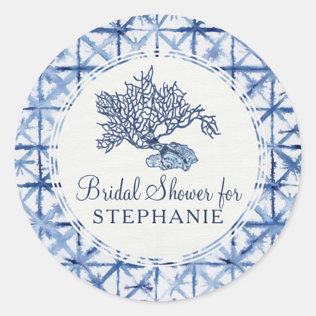 Modern Summer Dusty Blue and White Bridal Shower Classic Round Sticker (Front)