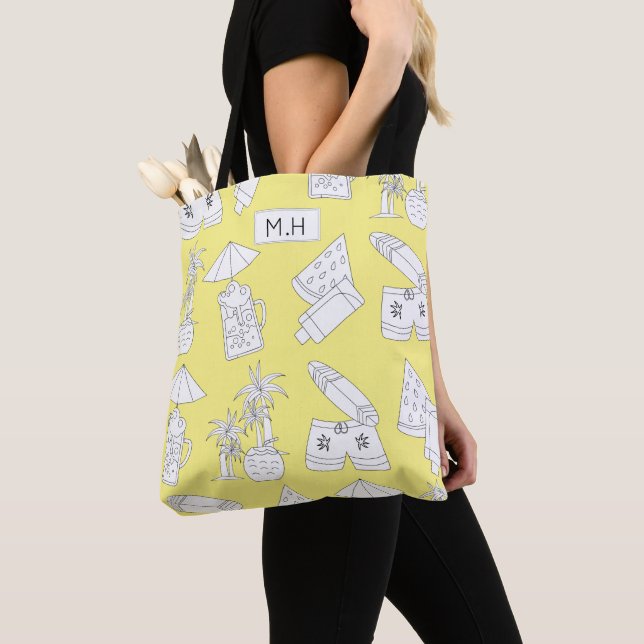 Modern Summer Line Drawings on Yellow Monogram Tote Bag (Close Up)