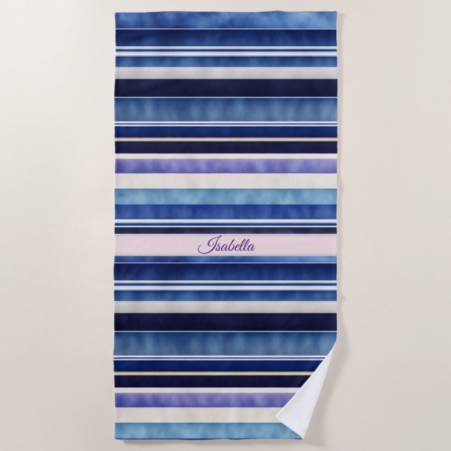 Modern Summer Navy Blue Boat Stripes Collection Beach Towel (Front)