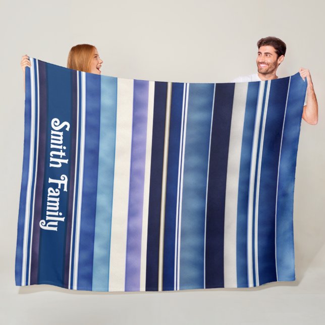 Modern Summer Navy Blue Boat Stripes Collection Fleece Blanket (In Situ)