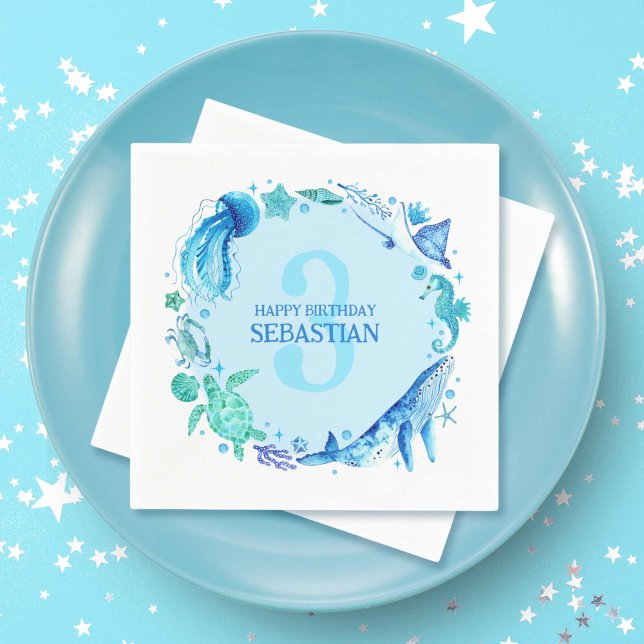 Modern Summer Ocean Animals Blue Watercolor Napkin (Modern Summer Ocean Animals Blue Watercolor Napkins)