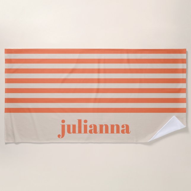 Modern Summer Orange Striped Personalised  Beach Towel (Front)