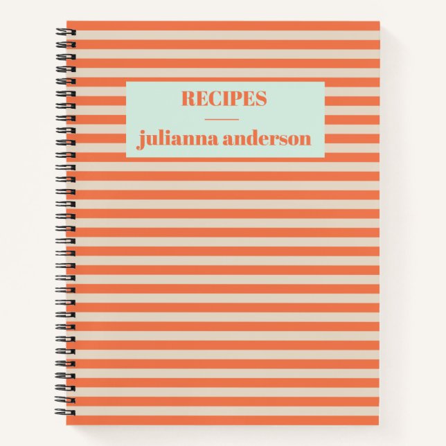 Modern Summer Orange Striped Personalised Recipe N Notebook (Front)
