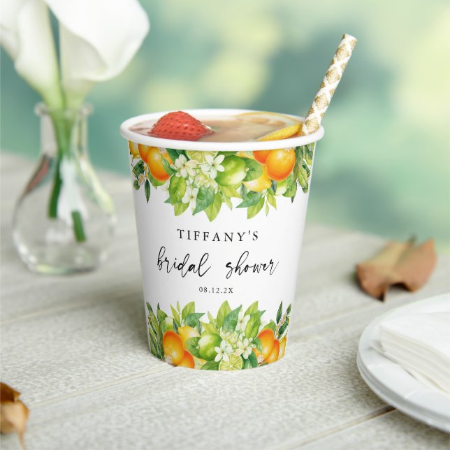 Modern Summer Oranges Lemon Citrus Bridal Shower Paper Cups (Insitu)