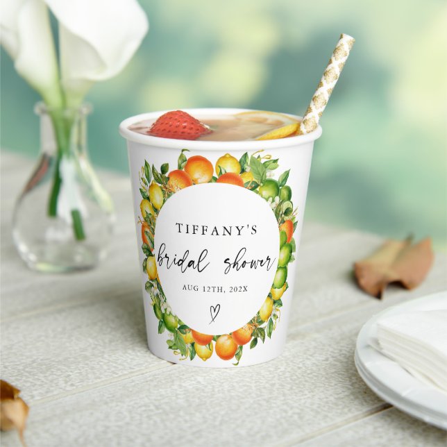 Modern Summer Oranges Lemon Citrus Bridal Shower Paper Cups (Insitu)