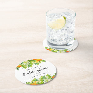 Modern Summer Oranges Lemon Citrus Bridal Shower Round Paper Coaster