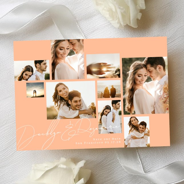 Modern Summer Peach Collage Qr Code Multi Photo Save The Date (Creator Uploaded)