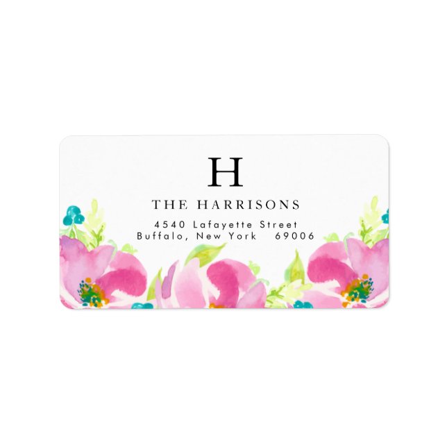 Modern Summer Pink Floral Turquoise Personalised Label (Front)