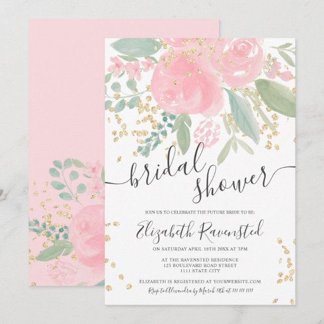 Modern summer pink green floral gold bridal shower invitation (Front/Back)