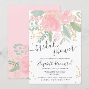 Modern summer pink green floral gold bridal shower invitation