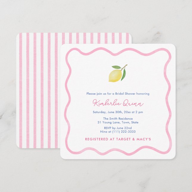 Modern Summer Pink Wavy Border Lemon Bridal Shower Invitation (Front/Back)