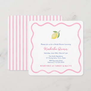 Modern Summer Pink Wavy Border Lemon Bridal Shower Invitation