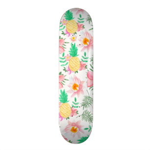 Modern summer pink yellow tropical floral pattern skateboard