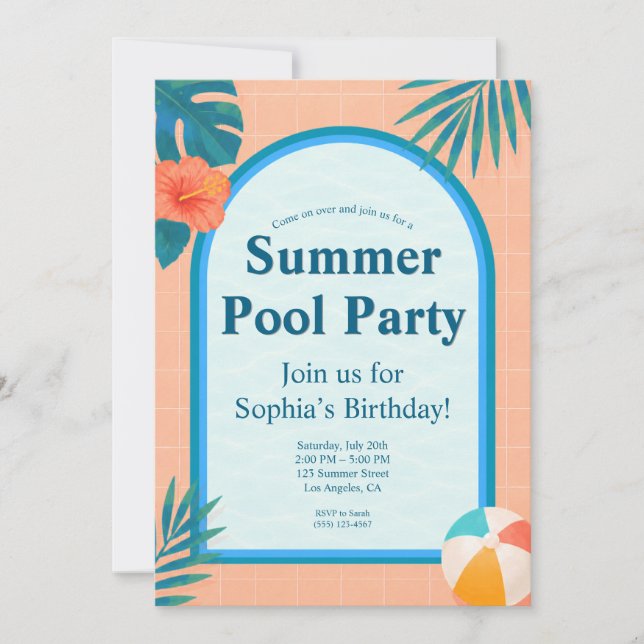 Modern Summer Pool Party Birthday Invitation Peach (Front)