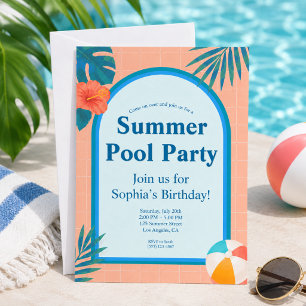 Modern Summer Pool Party Birthday Invitation Peach