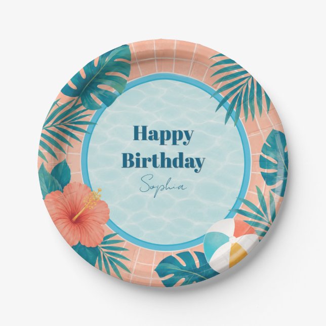 Modern Summer Pool Party Birthday Paper Plates (Front)