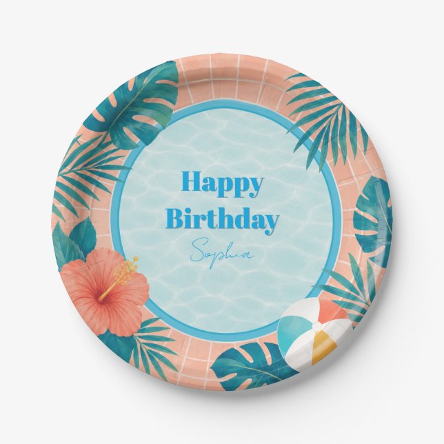 Modern Summer Pool Party Birthday Paper Plates (Front)