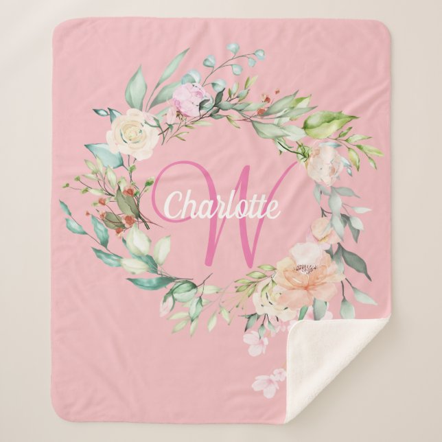 Modern Summer Roses Pink Initial Script Monogram Sherpa Blanket (Front)