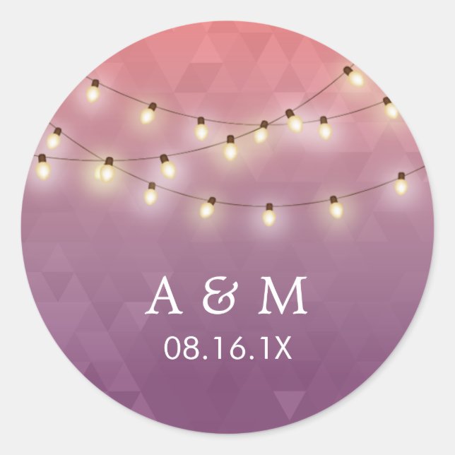 Modern Summer String Lights Purple Wedding Favour Classic Round Sticker (Front)