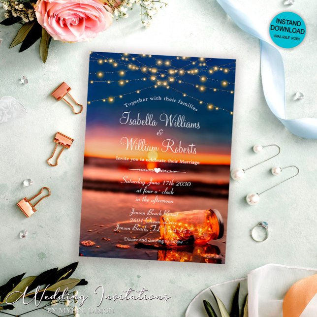 Modern Summer Sunset Beach Mason Jar Wedding Invitation (Creator Uploaded)