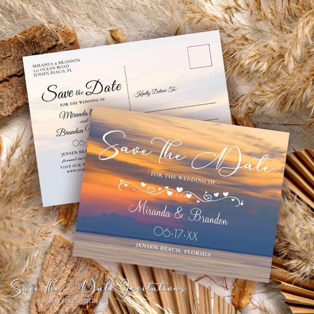 Modern Summer Sunset Beach Wedding Save the Date Announcement Postcard (Creator Uploaded)