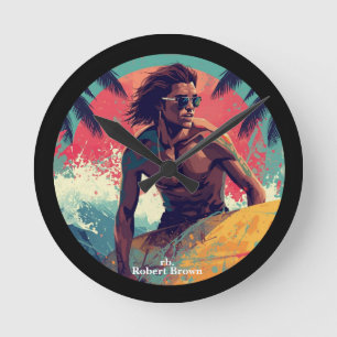 Modern Summer Surfing Vibes Surfer Custom Name Round Clock