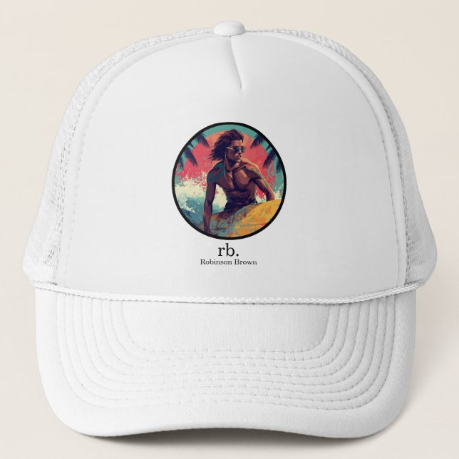 Modern Summer Surfing Vibes Surfer Custom Name Trucker Hat (Front)