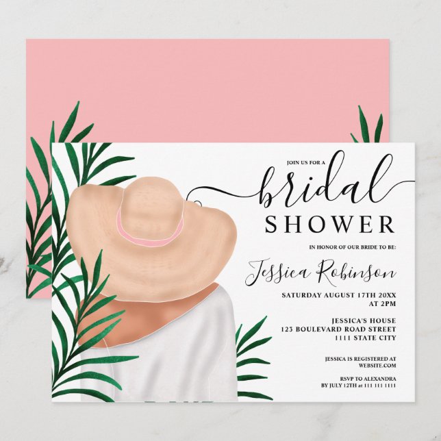 Modern summer tropical illustration bridal shower invitation (Front/Back)