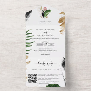 Modern Summer Tropical Leaves Wedding QR Code RSVP All In One Invitation