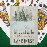 Modern Summer Vacation Lake House Family Playing Cards<br><div class="desc">Life is great at the lake fun summer time quote. White wood like background with water design of trees,  lake and boat. Monogram with your family name. Perfect way to play poker,  go fish or other card games.</div>