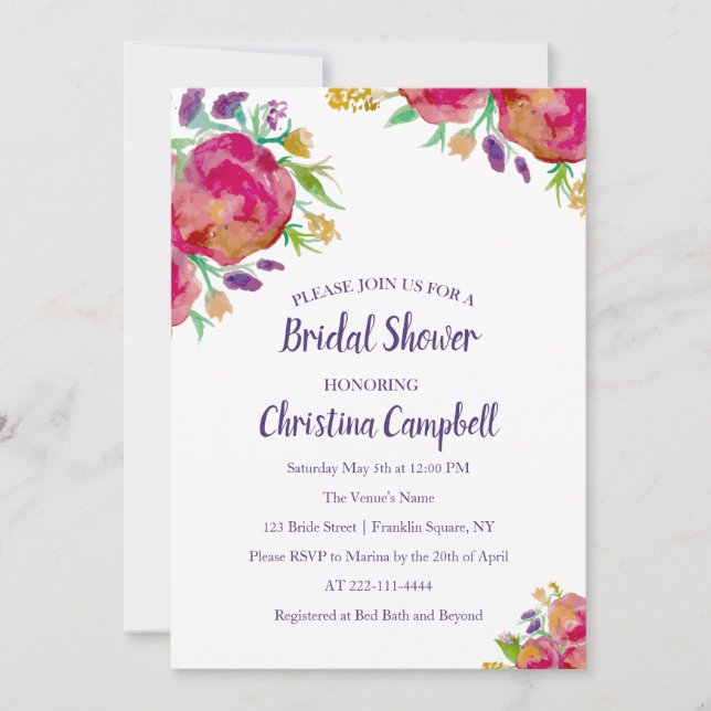 Modern Summer Watercolor Floral Bridal Shower Invitation (Front)