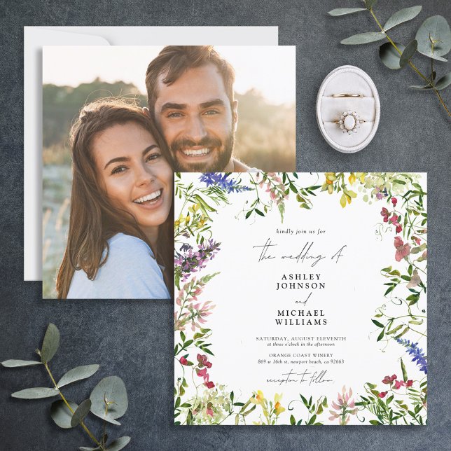 Modern Summer Wildflower Calligraphy Photo Wedding Invitation (Creator Uploaded)