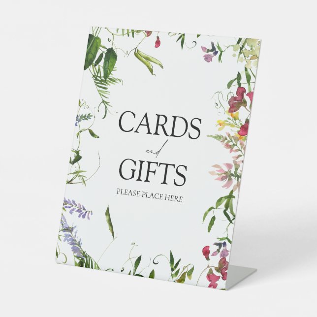 Modern Summer Wildflower Calligraphy Wedding Gift Pedestal Sign (Front)