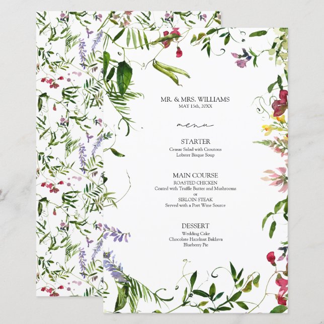 Modern Summer Wildflower Calligraphy Wedding Menu (Front/Back)