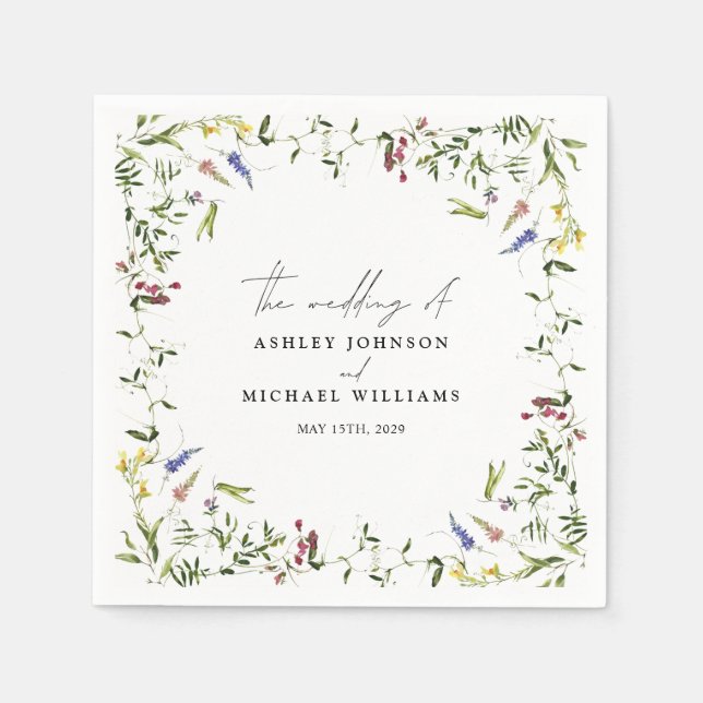 Modern Summer Wildflower Calligraphy Wedding Napkin (Front)