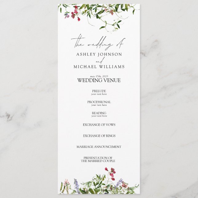 Modern Summer Wildflower Calligraphy Wedding Programme (Front)