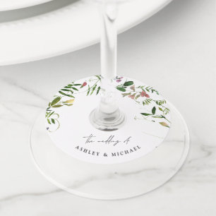Modern Summer Wildflower Calligraphy Wedding Wine Glass Tag