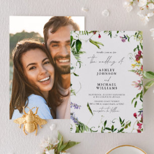 Modern Summer Wildflower Watercolor Photo Wedding Invitation